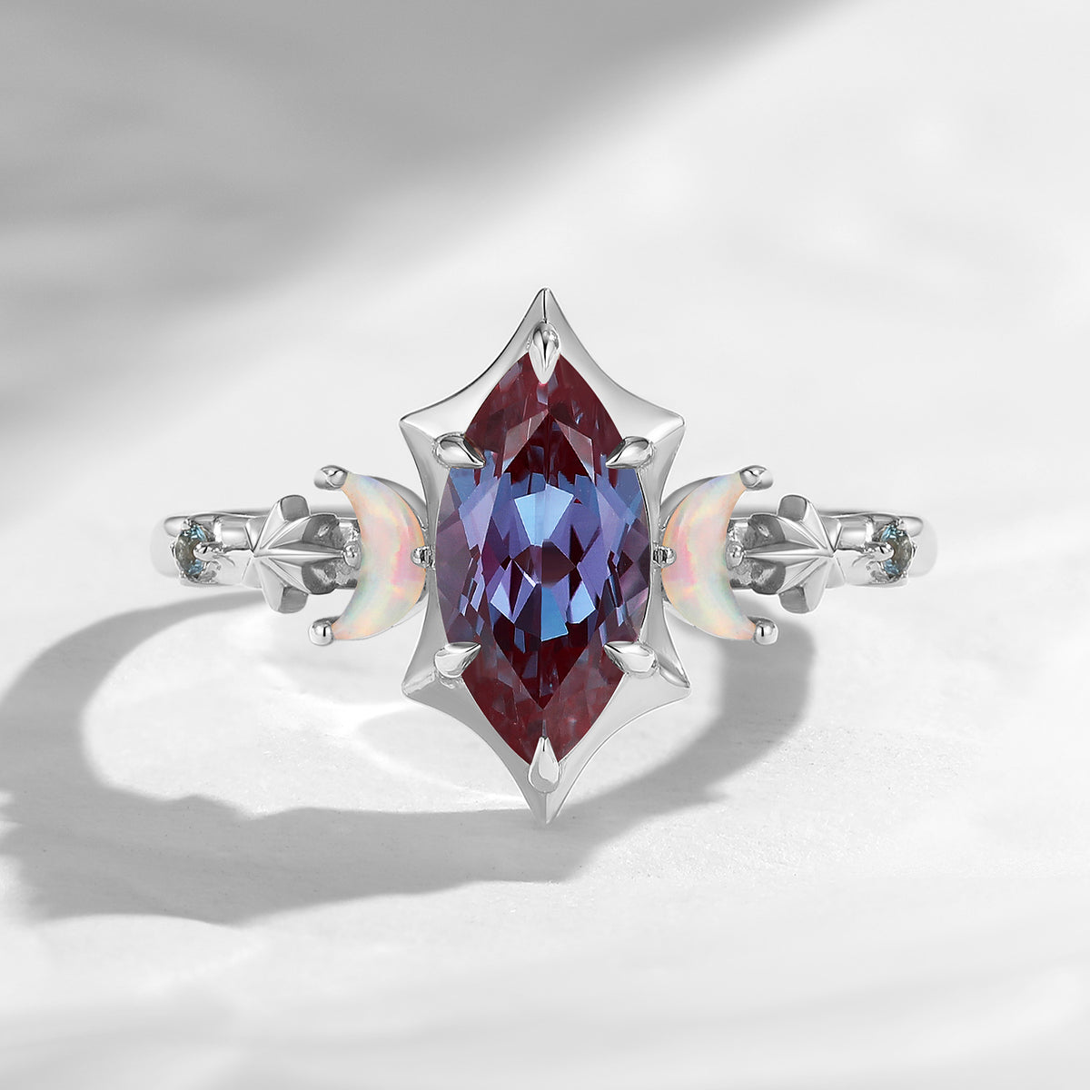 Celestial Ring - Moon-inspired Marquise Cut Lab Alexandrite Engagement Ring with Half Moon Accents