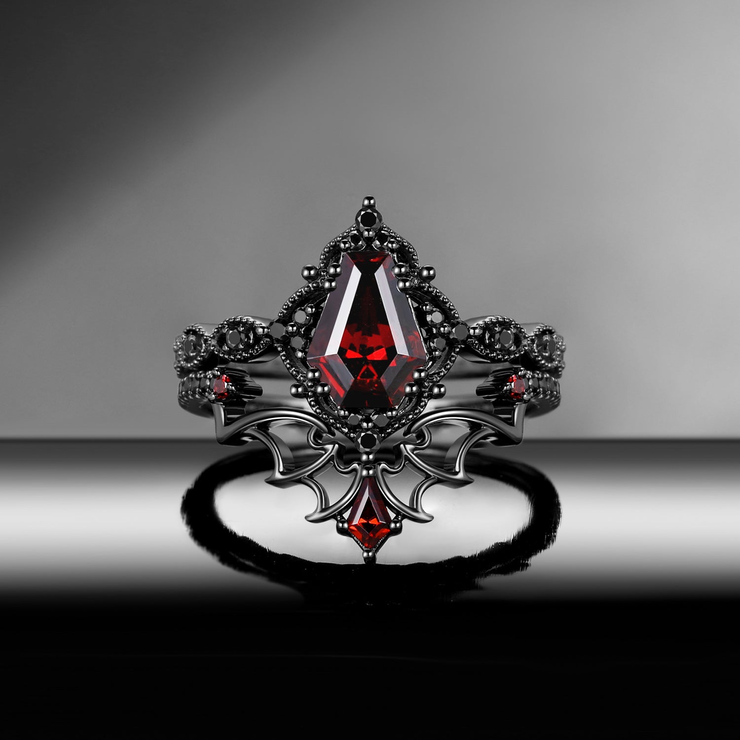 Gothic Inspired 'Dark Romance' Coffin Shaped Garnet Black Gold Engagement Ring Set 2pcs