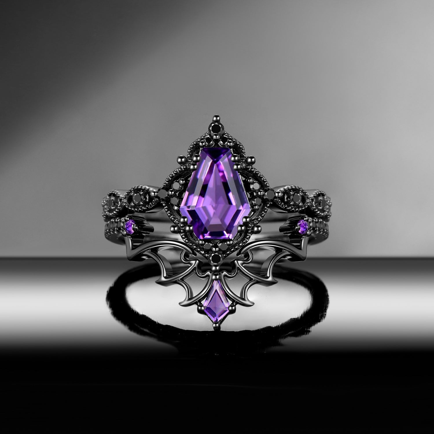 'Dark Romance' — Gothic Coffin Cut Amethyst Engagement Ring Set with Bat Wings in Black Gold