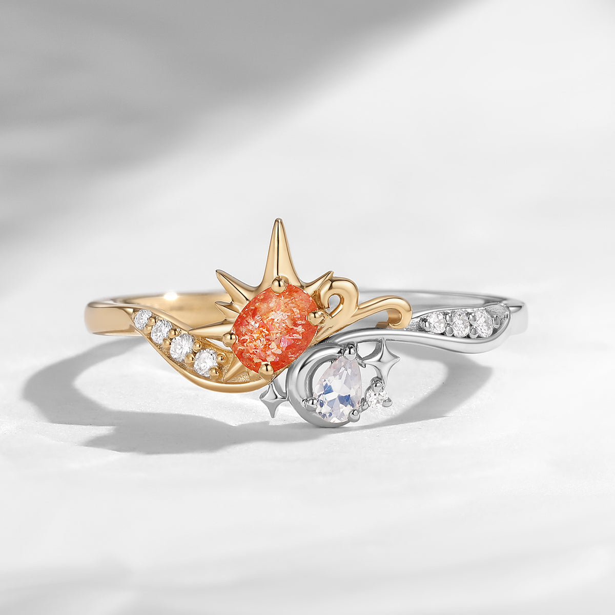 Toi et Moi - Celestial-Inspired Oval Sunstone & Pear Moonstone Engagement Ring in Two-Tone Setting
