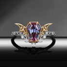 Bat Ring – Gothic Coffin Cut Lab Alexandrite Two-Tone Engagement Ring with Hollow Bat Wing Band