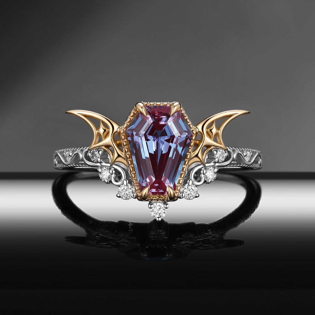 Bat Ring – Gothic Coffin Cut Lab Alexandrite Two-Tone Engagement Ring with Hollow Bat Wing Band