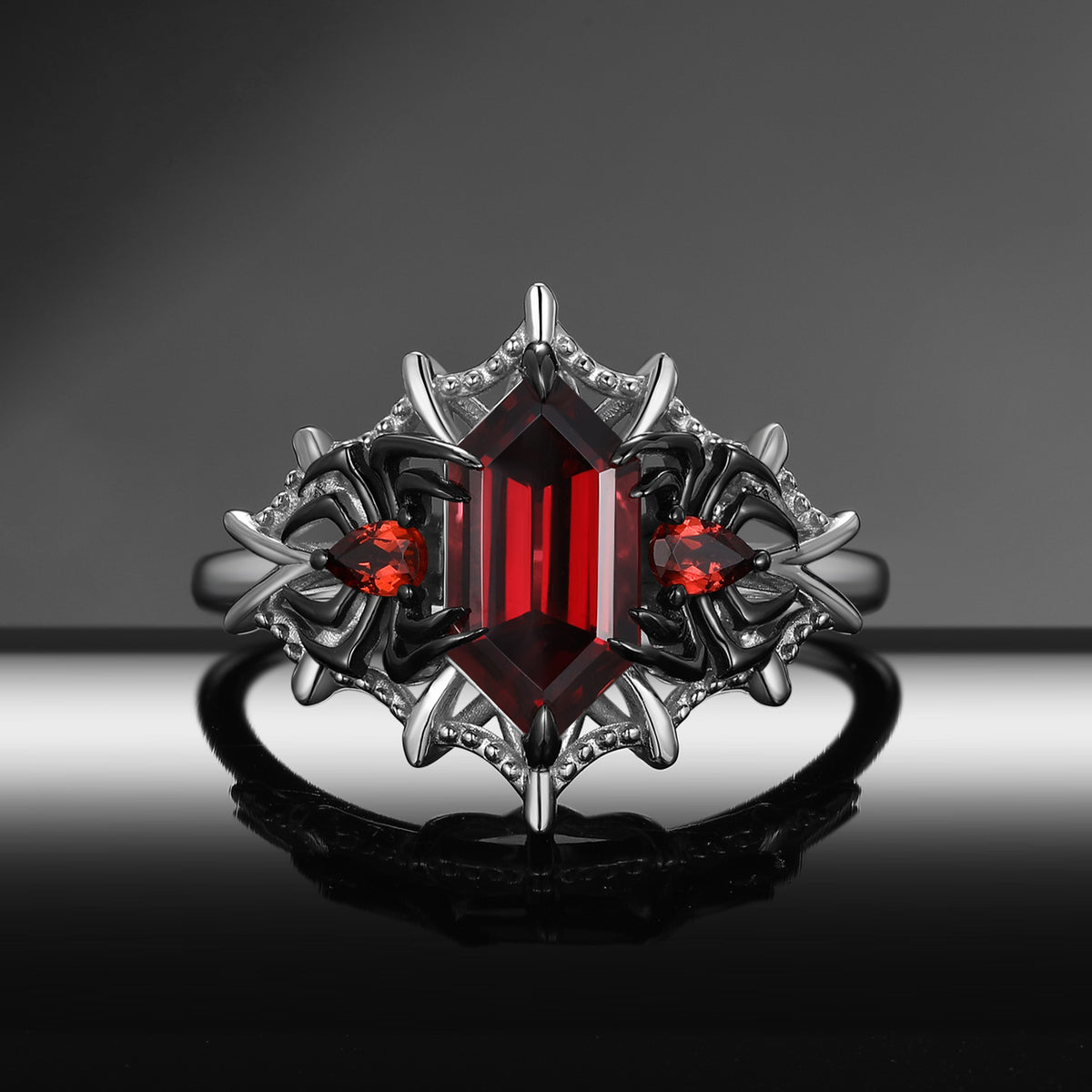 Spider Ring – Gothic Long Hexagon Cut Garnet Two-Tone Engagement Ring with Milgrain Spider Web Band