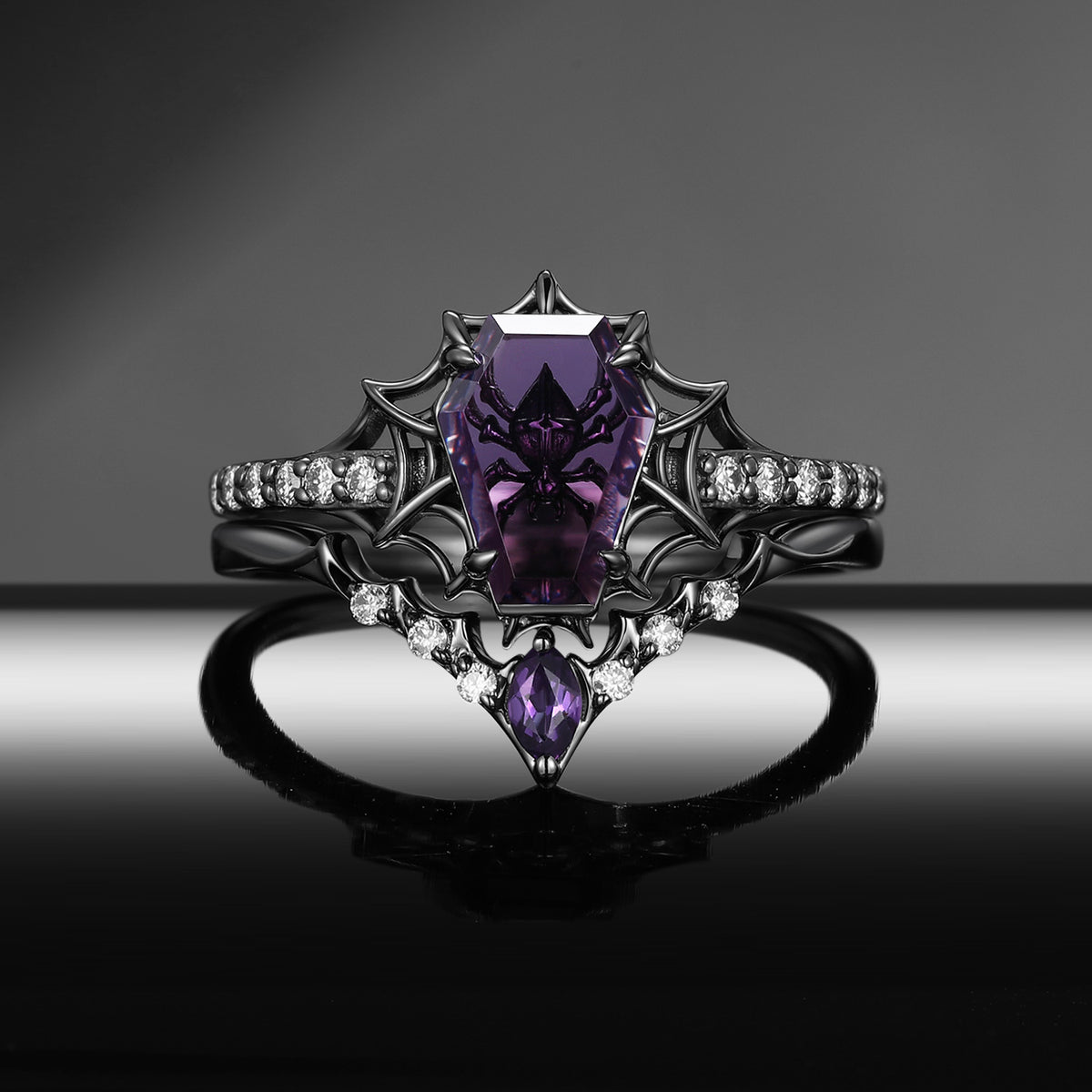Spider Ring – Gothic Coffin Cut Amethyst Ring Set with See-Through Open Gallery Setting