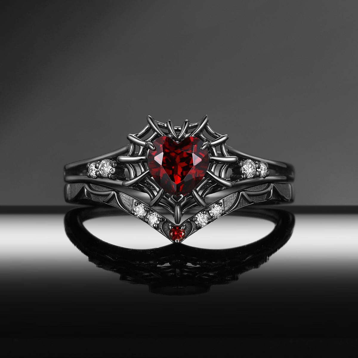 Spider Ring – Gothic Heart Cut Garnet Engagement Ring Set with Spider Web Band