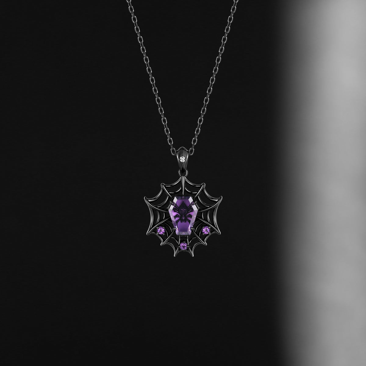 Spider Woman - Gothic Coffin Cut Natural Amethyst Spider Web Necklace with See-Through Open Gallery Setting
