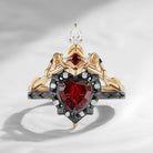 'Cupid's Arrow' - Fantasy Cut Garnet Heart Sword Two-Tone Ring Set