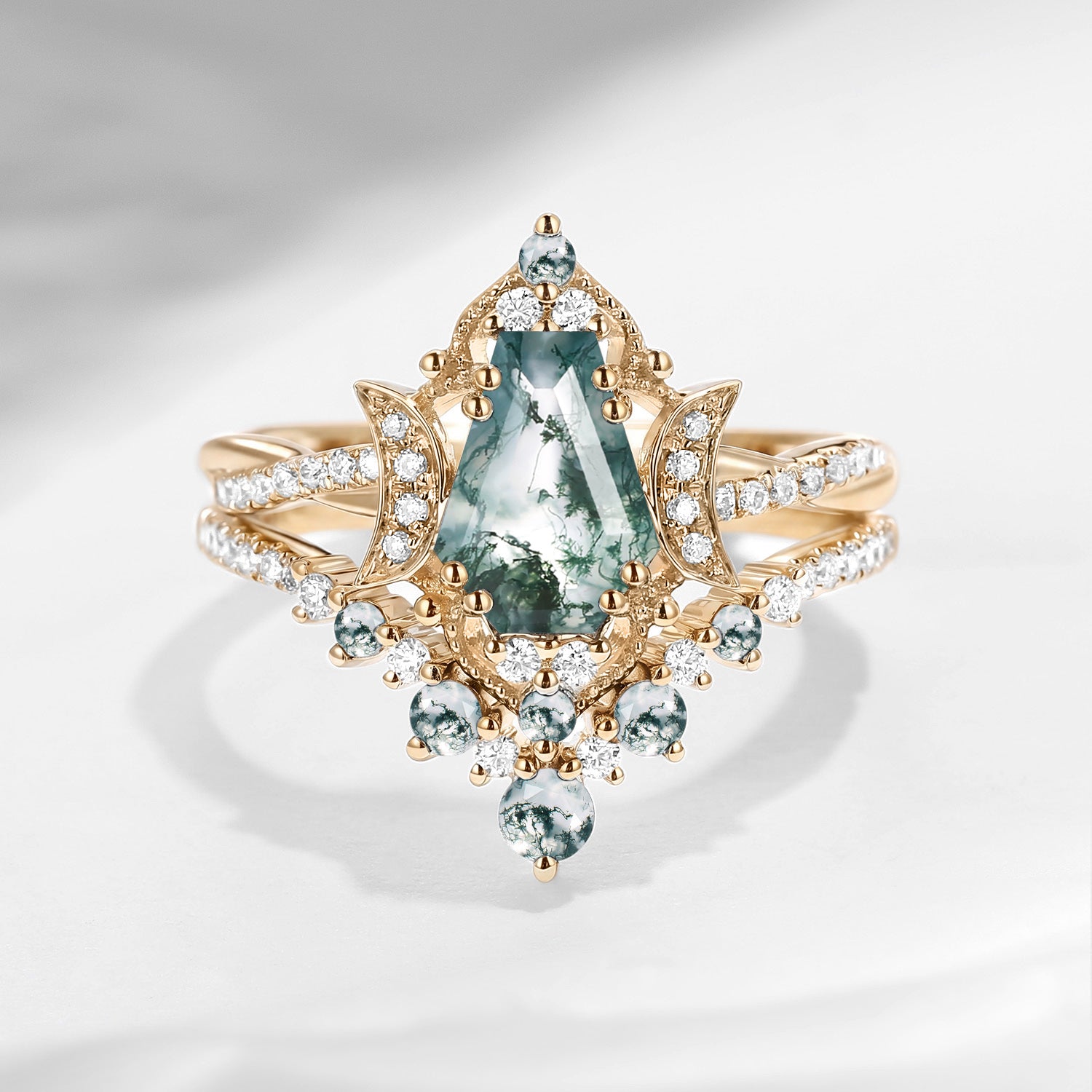 Crescent Moon | Coffin Cut Moss Agate Bridal Set 2pcs Moon Infinity Ring