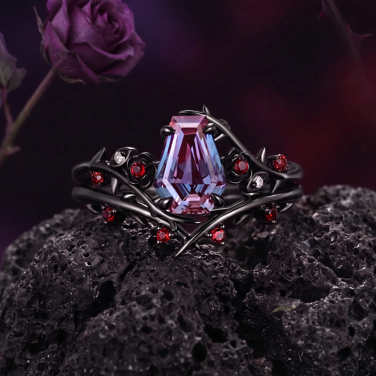 Thorns & Roses - Gothic Coffin Cut Color-Changing Lab Alexandrite Bridal Set with Thorn-Inspired Band