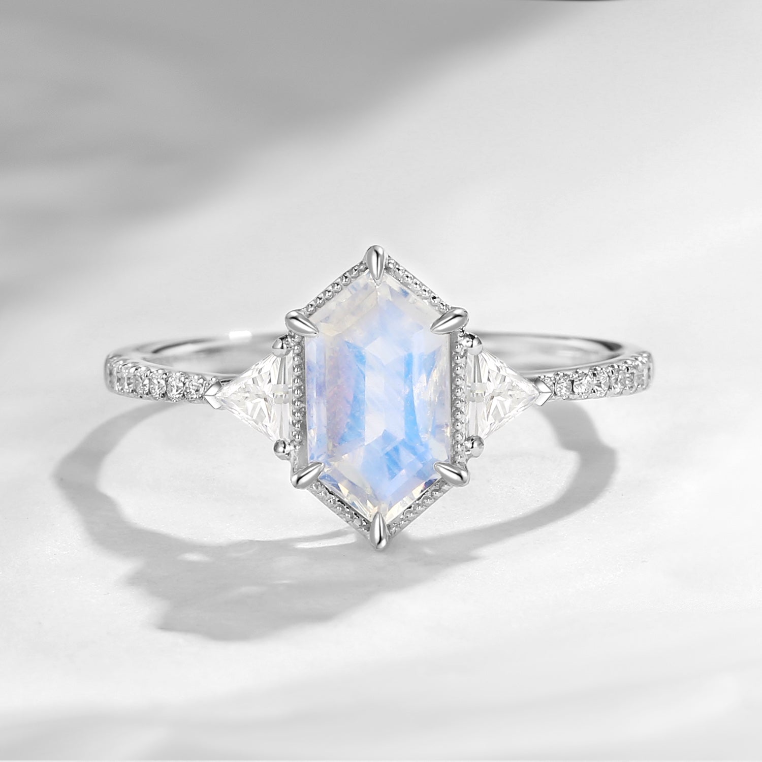 Classic Long Hexagon Moonstone Engagement Ring