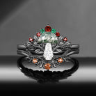Nature Inspired Gothic Tree Half Moon Moss Agate + Coffin Moissanite Mushroom Engagement Ring Set 2pcs - 'Tree of Life'