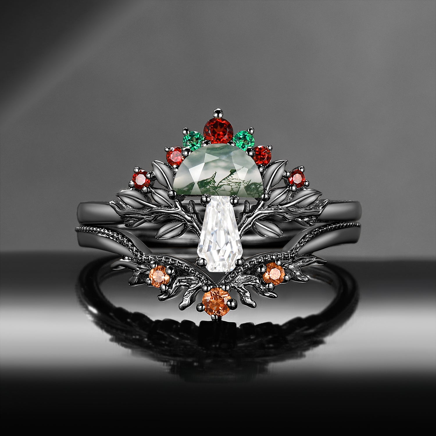 Nature Inspired Gothic Tree Half Moon Moss Agate + Coffin Moissanite Mushroom Engagement Ring Set 2pcs - 'Tree of Life'
