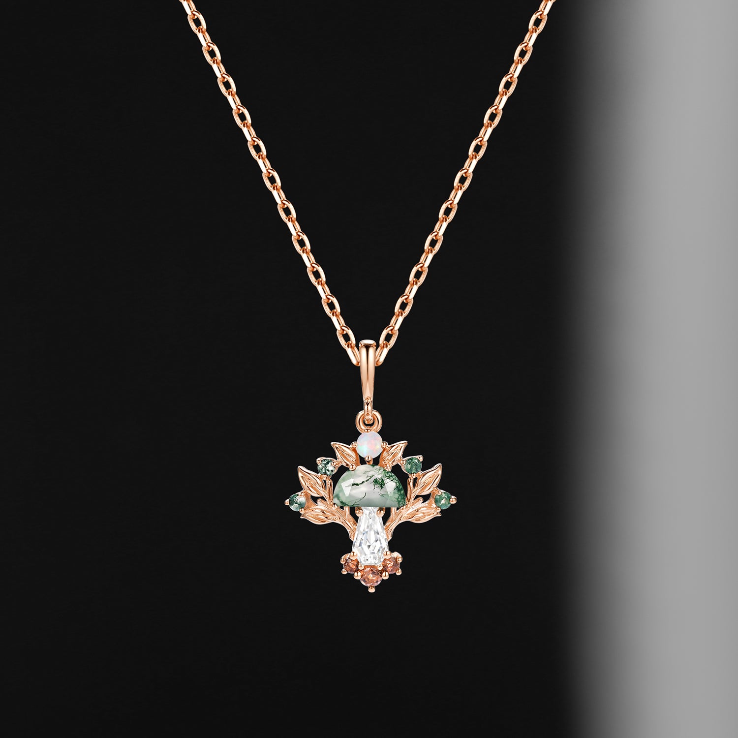 Maximalist Nature Inspired Half Moon Moss Agate + Coffin Moissanite Mushroom Necklace - 'Tree of Life'
