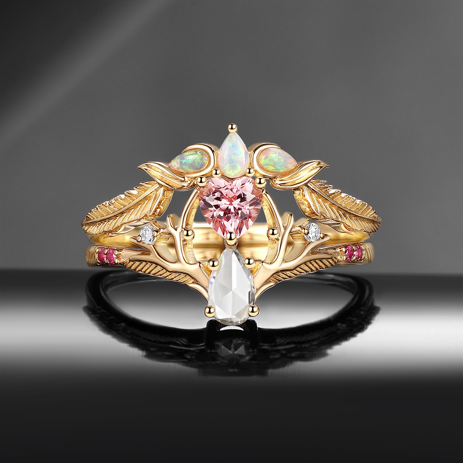 Unique Heart Lab Pink Sapphire + Pear Moissanite 'Tree of Life' Engagement Ring Set 2pcs