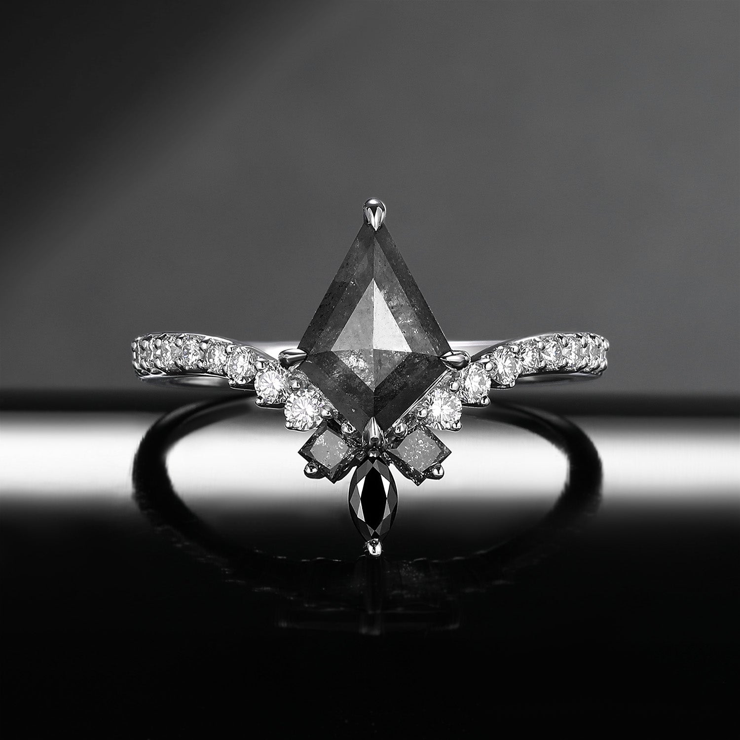 Art Deco Kite Cut Natural Salt & Pepper Diamond Engagement Ring – Chevron Band with Diamond Accents