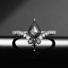 Art Deco Kite Cut Natural Salt & Pepper Diamond Engagement Ring – Chevron Band with Diamond Accents