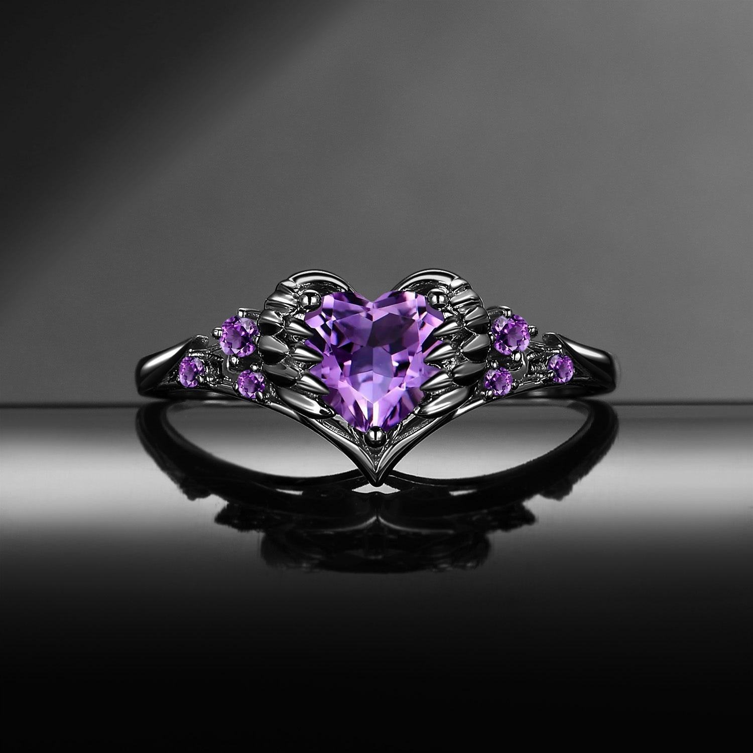 'Pierced Heart' – Gothic Natural Amethyst Heart & Sword Engagement Ring with Angel Wing Detail