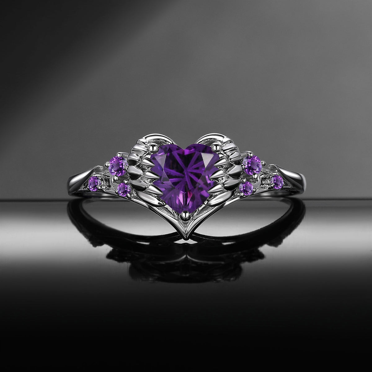 'Pierced Heart' – Gothic Firework Cut Natural Amethyst Heart & Sword Engagement Ring with Angel Wing Detail
