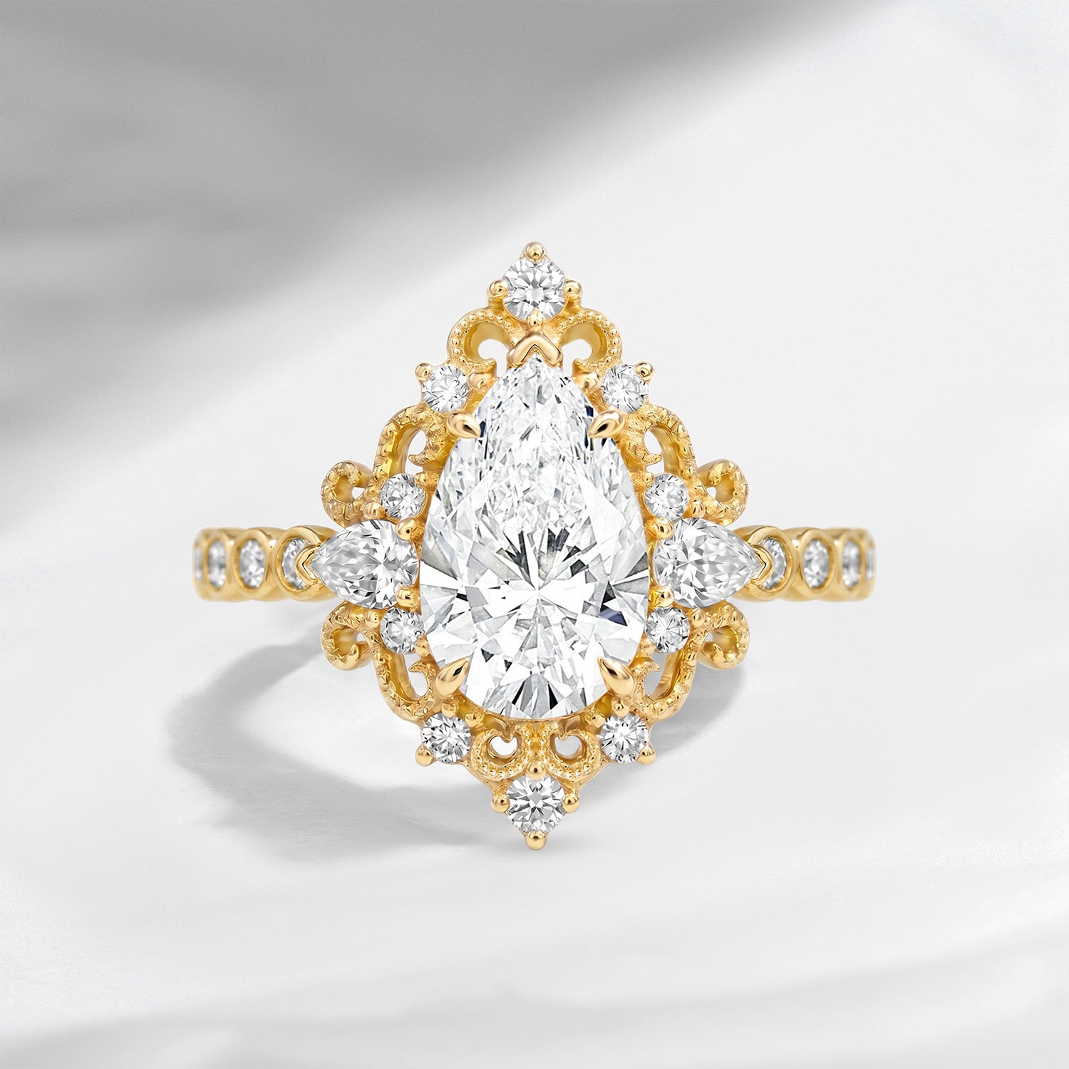 Vintage Style - IGI Certified Pear Cut Lab Diamond Milgrain Engagement Ring with Bezel Half-Eternity Band