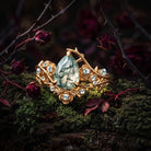 'The Fine Print' - Nature Inspired Pear Cut Moss Agate Thorns & Roses Bridal Set with Twisted Vine Band