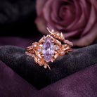 Thorns & Roses - Nature Inspired Marquise Lab Lavender Sapphire Twisted Engagement Ring Set with Flower & Vine Inspired Cage Ring Jacket