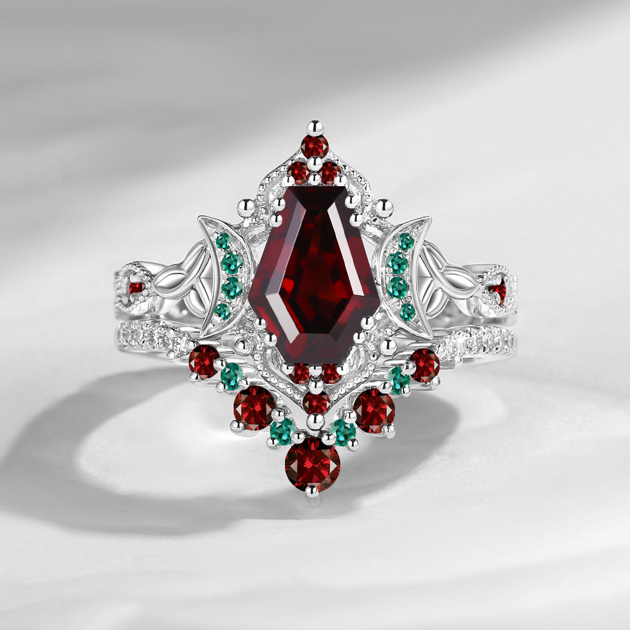 Crescent Moon | Unique Coffin Cut Garnet Celtic Moon Engagement Ring Set 2pcs