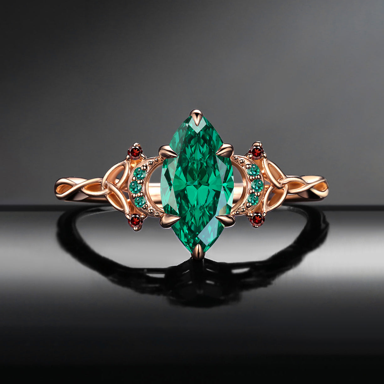 Celtic Moon | Unique Marquise Cut Lab Emerald Twist Engagement Ring