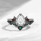 Nature Inspired Pear Cut Moissanite 'Thorns & Roses' Halo Engagement Ring Set 2pcs