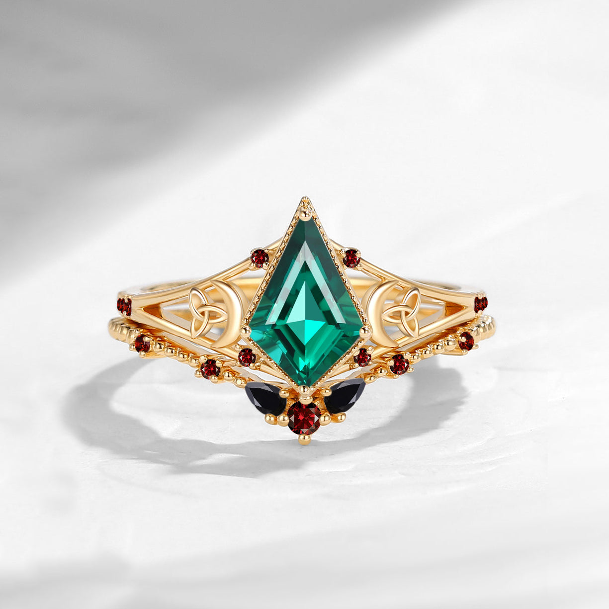 Celtic Moon | Unique Style Kite Lab Emerald 'Celestial Moon' Split Band Engagement Ring Set 2pcs