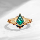 Celtic Moon | Unique Style Kite Lab Emerald 'Celestial Moon' Split Band Engagement Ring Set 2pcs