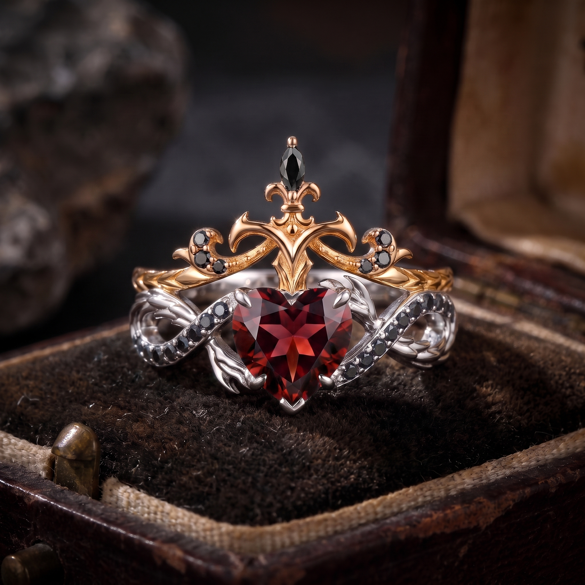 Heart & Sword - Gothic Heart Cut Red Garnet Infinity Bridal Set with Twisted Dragon-inspired Band