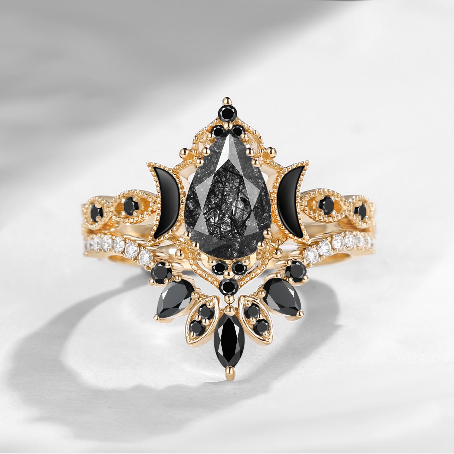 Crescent Moon | Pear Cut Black Rutilated Quartz 'Ultra Galaxy' Engagement Ring Set 2pcs
