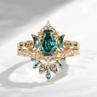 Crescent Moon | Coffin Cut Teal Moissanite 'Ultra Galaxy' Engagement Ring Set 2pcs