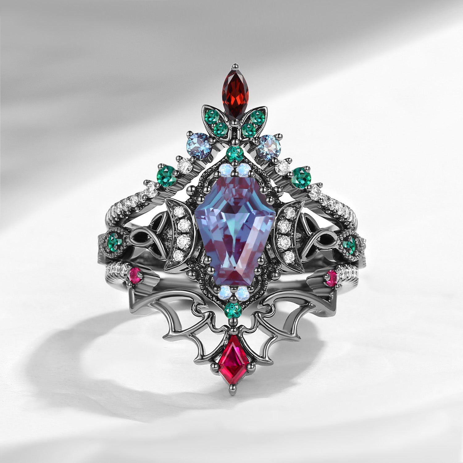 Crescent Moon | Unique Gothic Coffin Lab Alexandrite Black Gold Celtic Knot Ring Set 3pcs