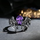 Amethyst Coffin Cut Vintage Inspired Black Gold Engagement Ring - Bat Ring