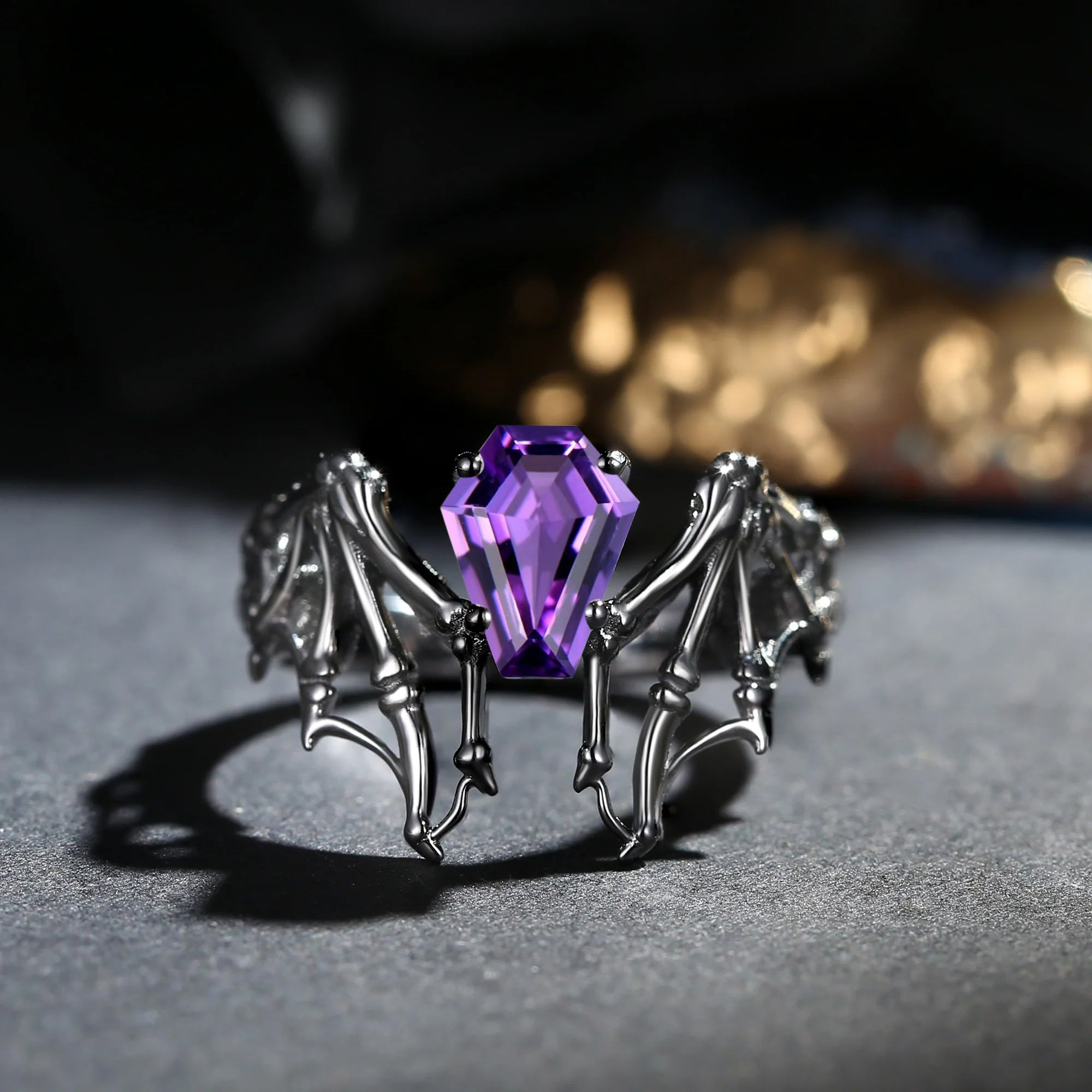 Amethyst Coffin Cut Vintage Inspired Black Gold Engagement Ring - Bat Ring