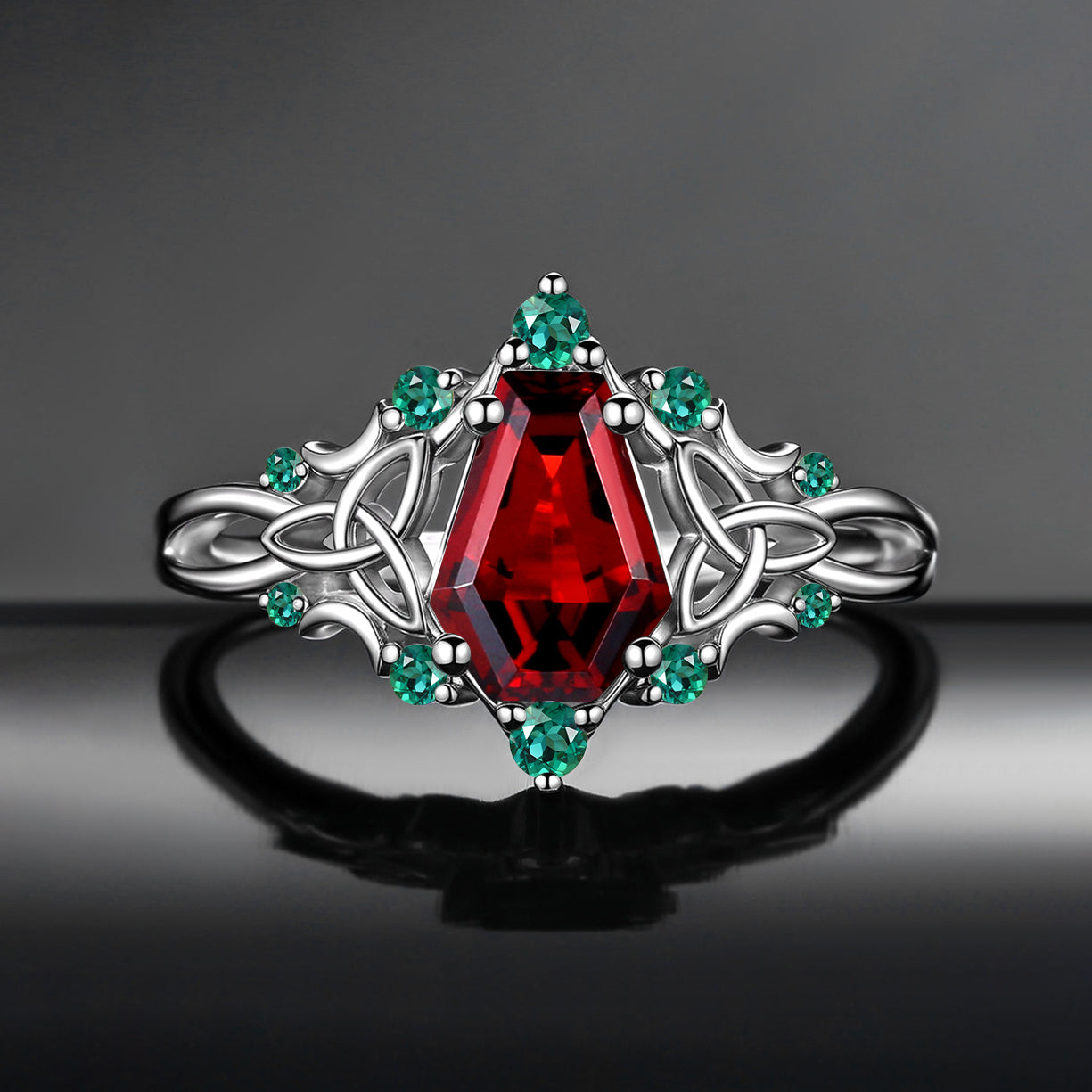 Celtic Moon | Unique Gothic Coffin Cut Garnet Celtic Engagement Ring