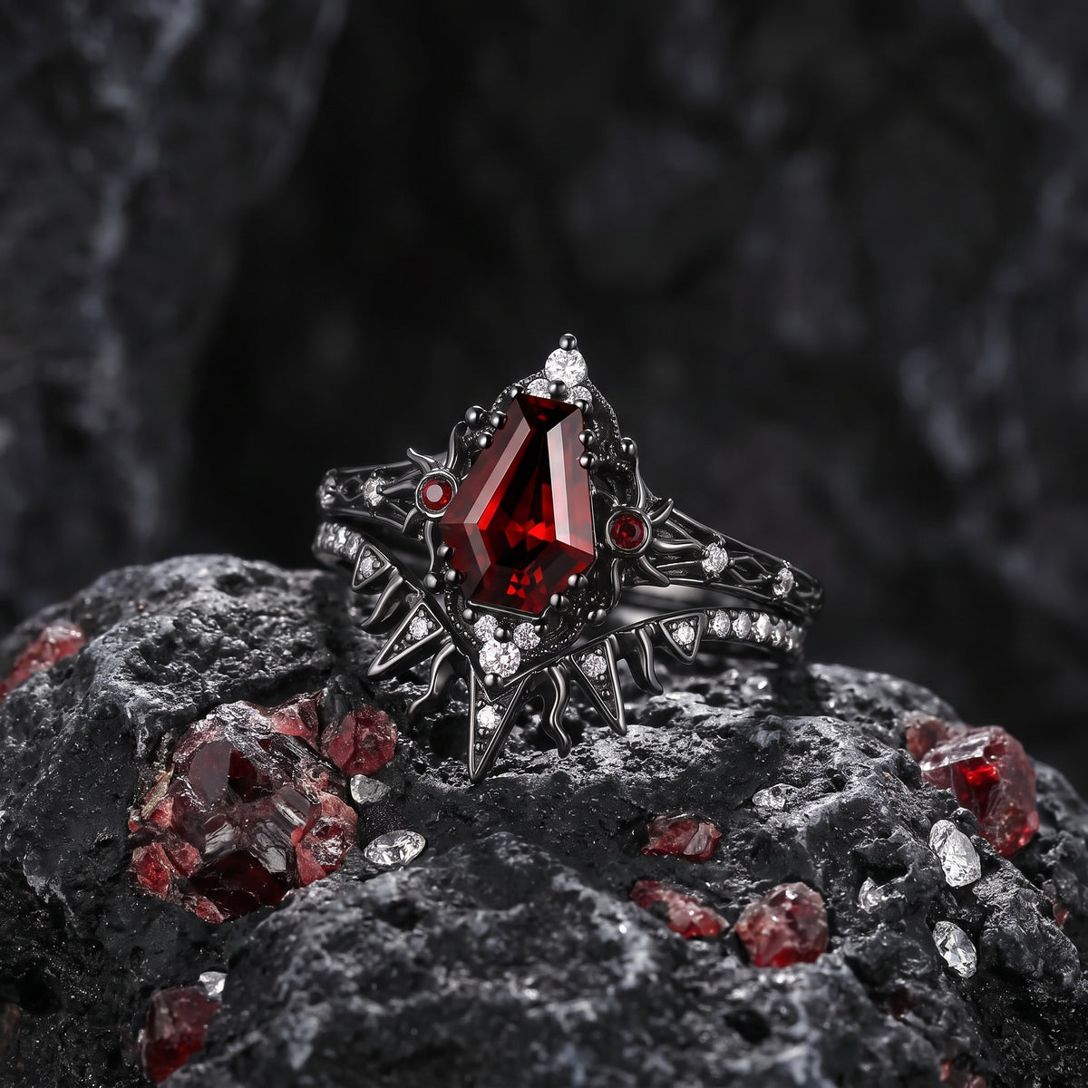 Celestial Ring - Sun-Inspired Coffin Cut Garnet Bridal Set with Octopus Band