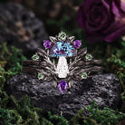 Tree of Life – Nature Inspired Half Moon Alexandrite & Coffin Moissanite Mushroom Engagement Ring Set with Bark Textured Band