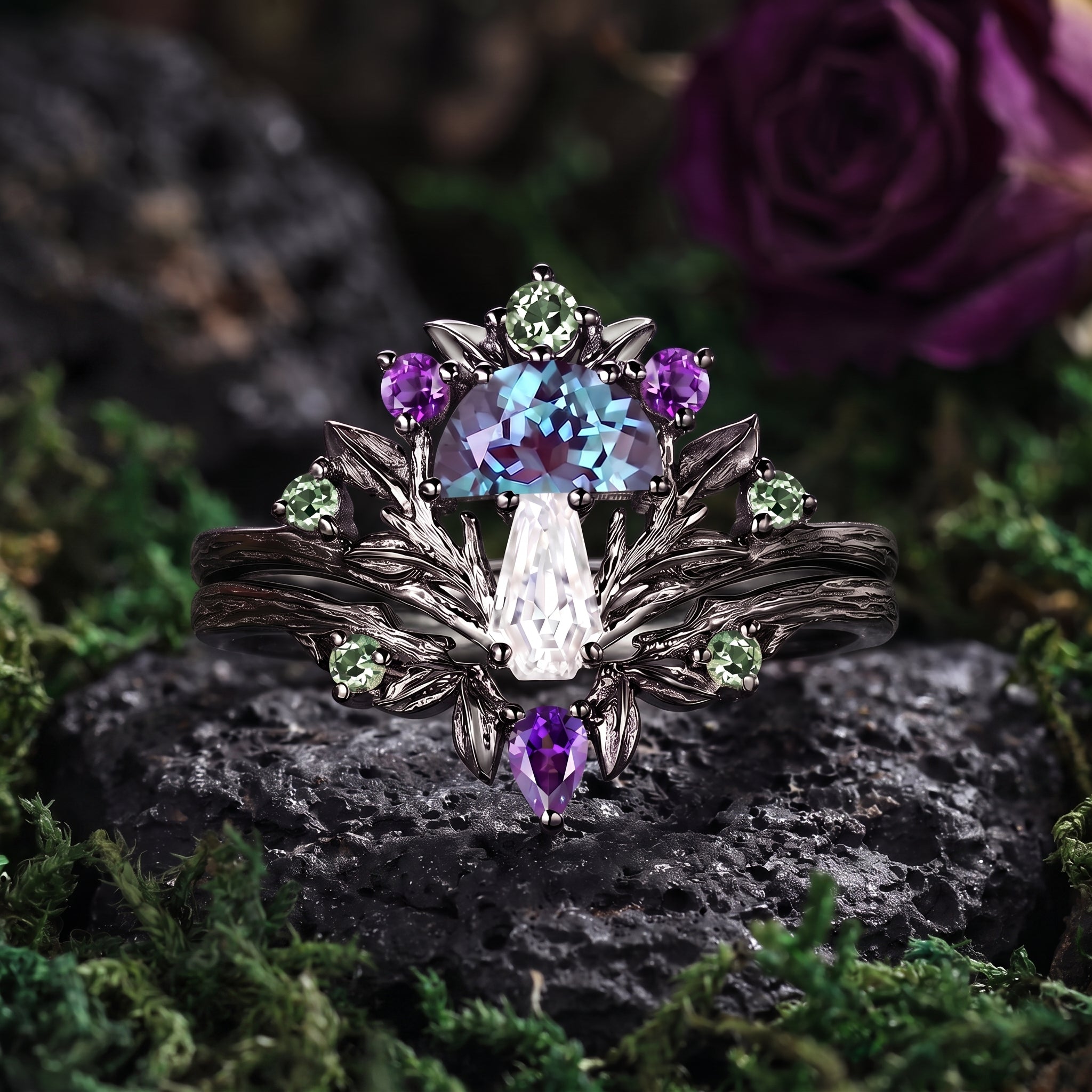 Tree of Life – Nature Inspired Half Moon Alexandrite & Coffin Moissanite Mushroom Engagement Ring Set with Bark Textured Band