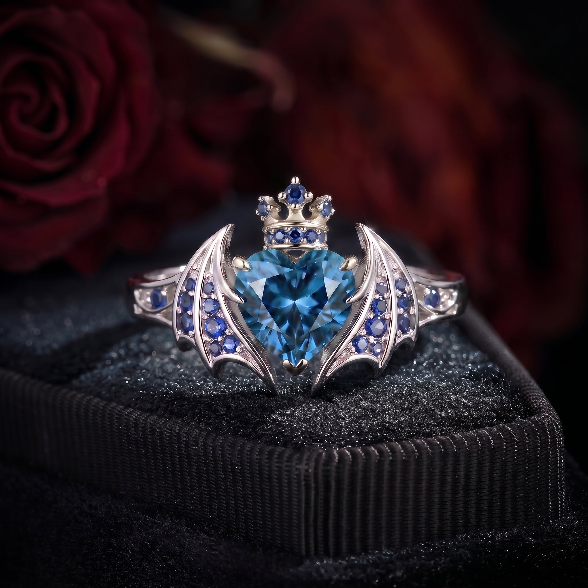 Bat Ring - Gothic Heart Cut Blue Moissanite Engagement Ring with Bat Wing-inspired Band