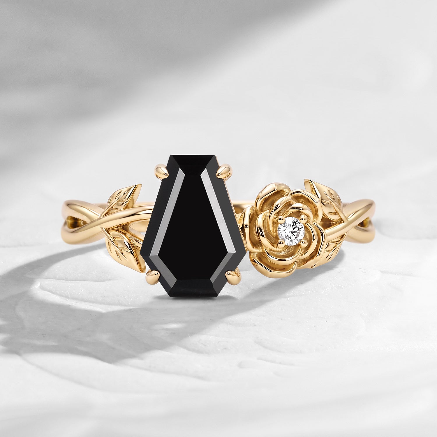 'Toi et Moi' - Nature Inspired Coffin Cut Black Moissanite Romantic Rose Flower Engagement Ring with Twisted Vine Band
