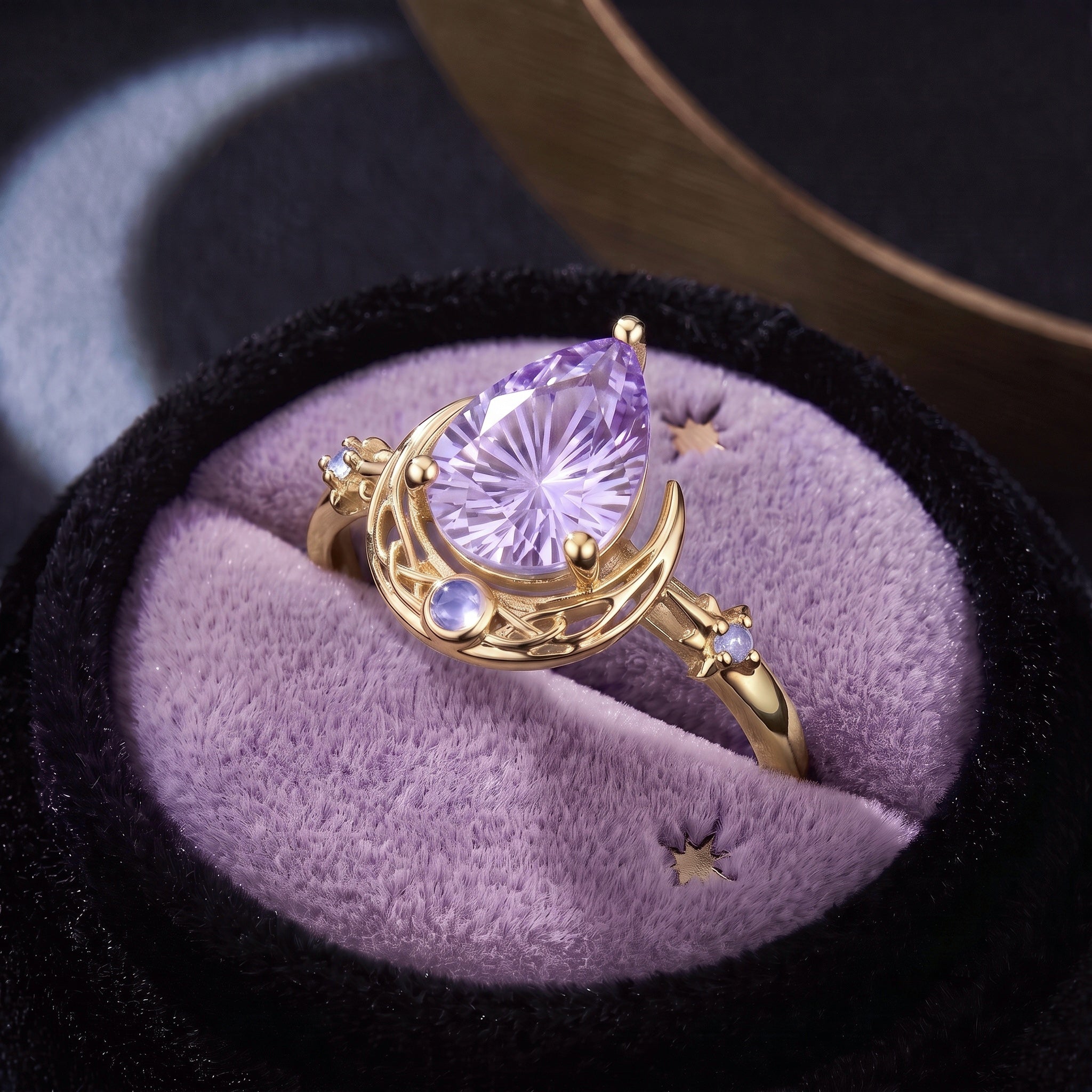 'Moonlit Embrace' - Firework Cut Pear Lab Lavender Sapphire Engagement Ring with Hollow Crescent Moon & Star Band