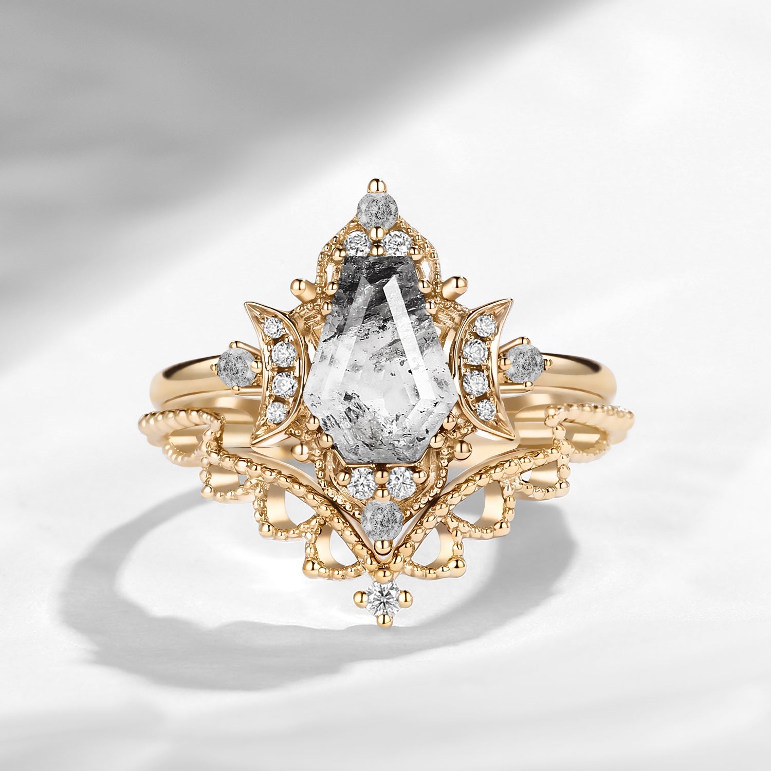 Crescent Moon | Coffin Cut Herkimer Diamond Thorny Engagement Ring Set 2pcs
