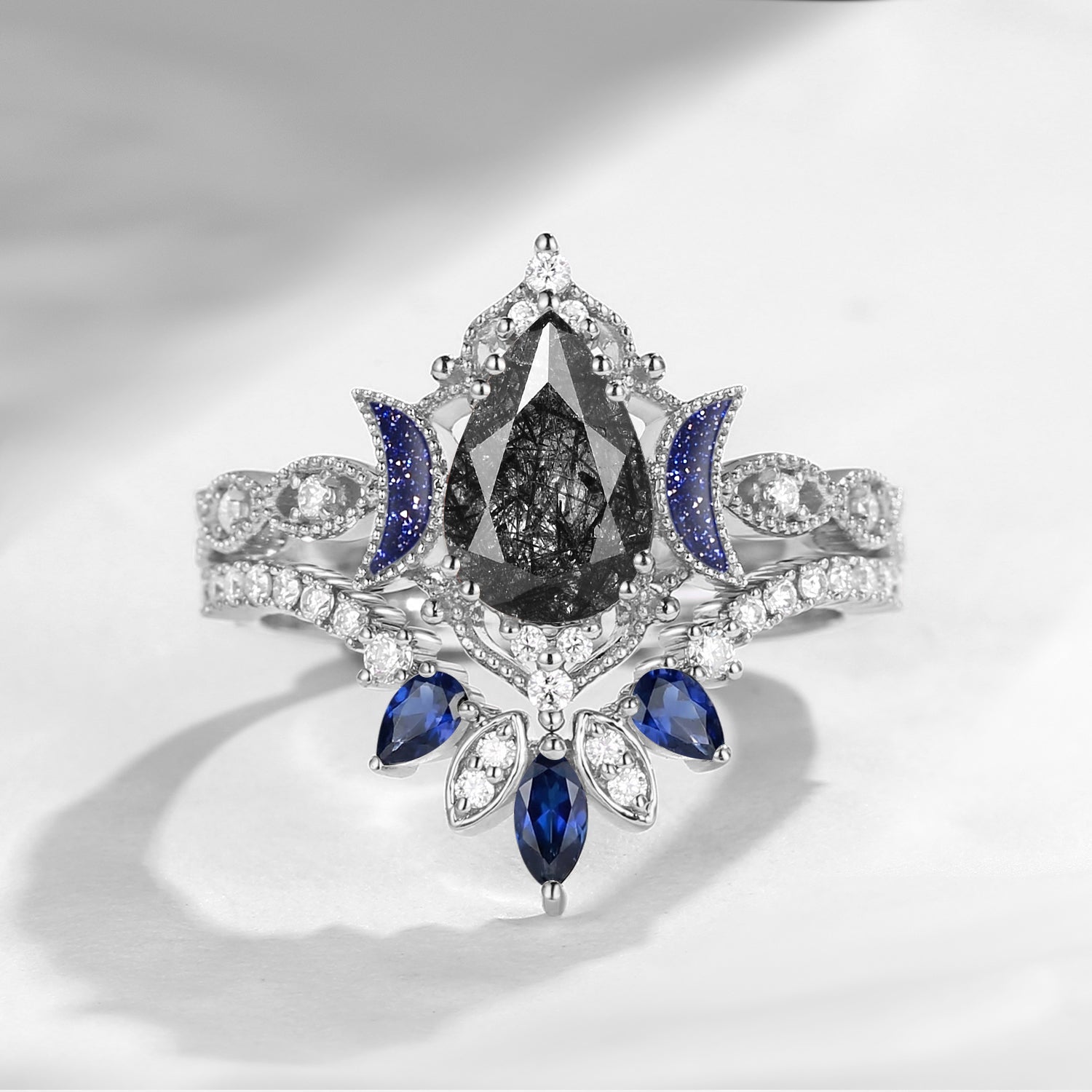 Crescent Moon | Blue Moon Inspired Pear Black Rutilated Quartz 'Ultra Galaxy' Engagement Ring Set 2pcs