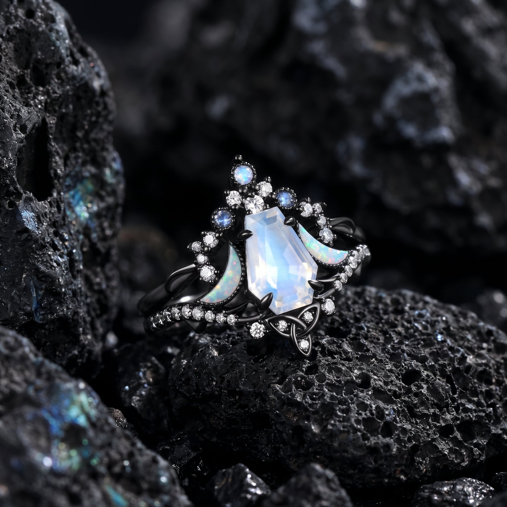 'Celestial Moon' - Gothic Coffin Cut Natural Moonstone & Opal Celtic Moon Engagement Ring Set