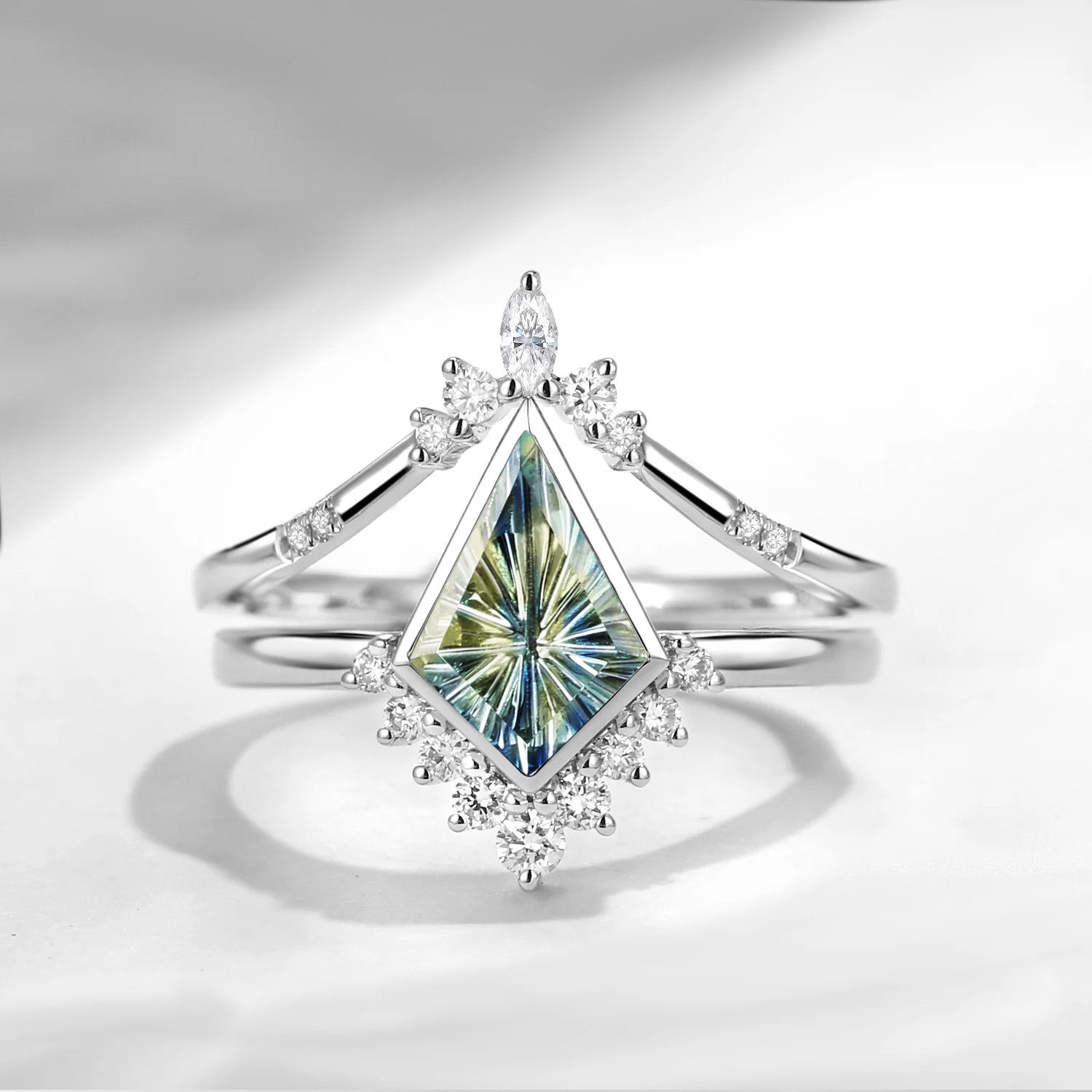 Fantasy Cut Kite Shaped Natural Multi-Colored Sapphire Bezel Engagement Ring Set 2pcs
