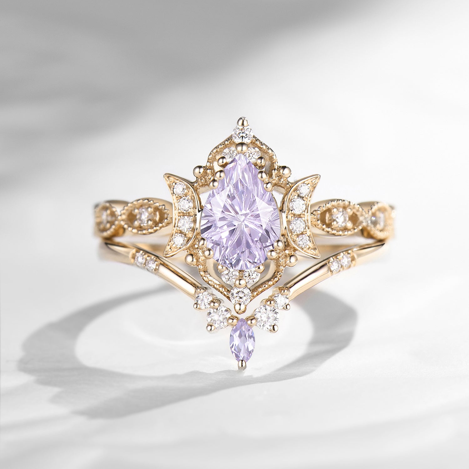 Crescent Moon | Vintage Firework Cut Pear Lab Lavender Sapphire Engagement Ring 2pcs - Luna