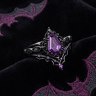 'Bat's Whisper' - Gothic Coffin Cut Amethyst Alternative Bridal Engagement Ring Set with Bat Wings in Black Gold