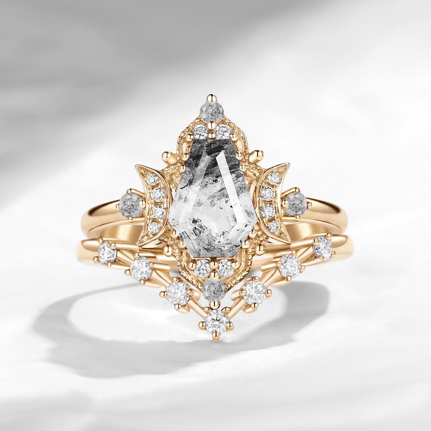 Crescent Moon | Coffin Cut Herkimer Diamond Galaxy Engagement Ring Set 2pcs